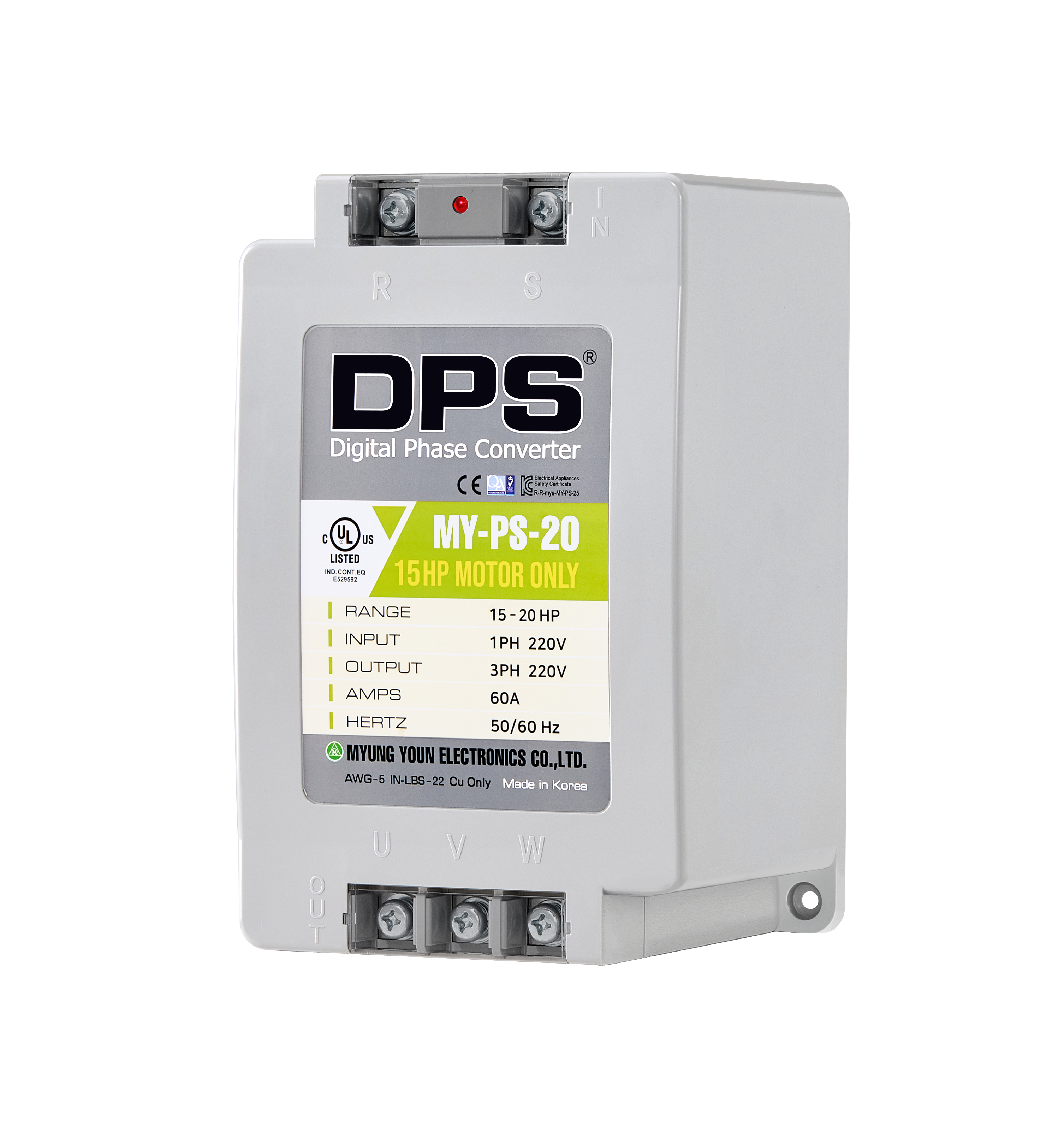 DPS Single Phase to 3 Phase Converter, 20HP(60A), 200V-240V Input/Output, Digital Phase Shifter, MY-PS-20 Model Must Be Used for 15HP(11kW) 45A Motor, DPS Must Be Used for 1 Motor Only, UL-Listed