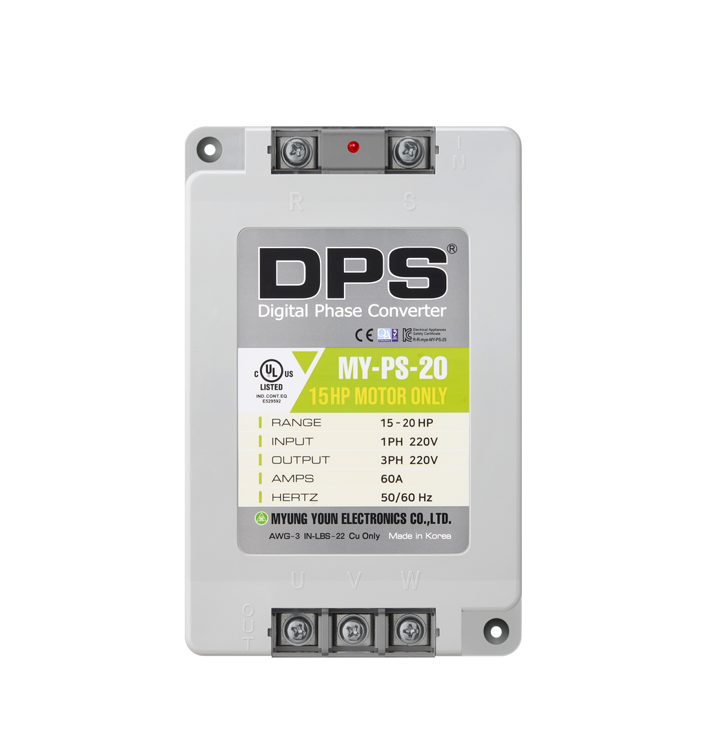 DPS Single Phase to 3 Phase Converter, 20HP(60A), 200V-240V Input/Output, Digital Phase Shifter, MY-PS-20 Model Must Be Used for 15HP(11kW) 45A Motor, DPS Must Be Used for 1 Motor Only, UL-Listed