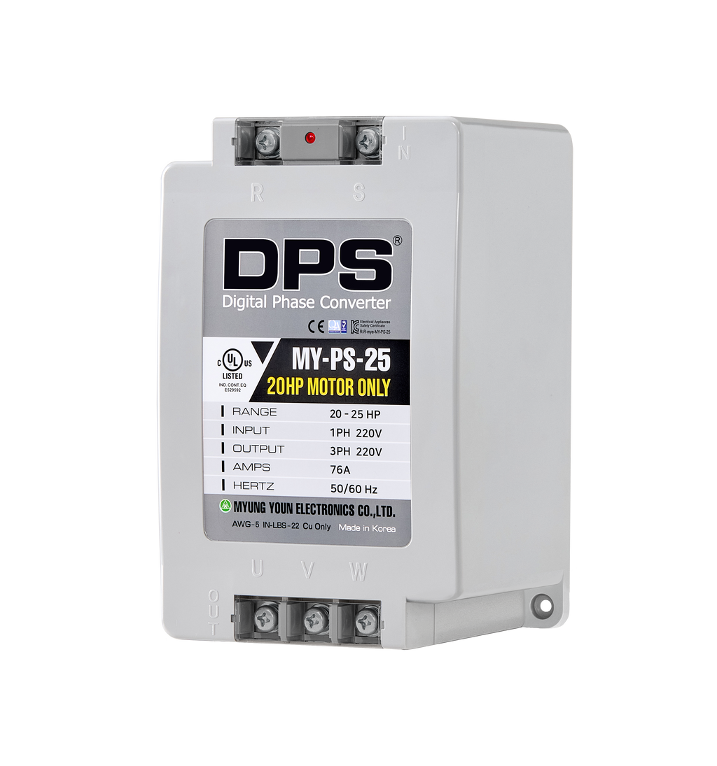 DPS Single Phase to 3 Phase Converter, 25HP(75A), 200V-240V Input/Output, Digital Phase Shifter, MY-PS-25 Model Must Be Used for 20HP(15kW) 60A Motor, DPS Must Be Used for 1 Motor Only, UL-Listed