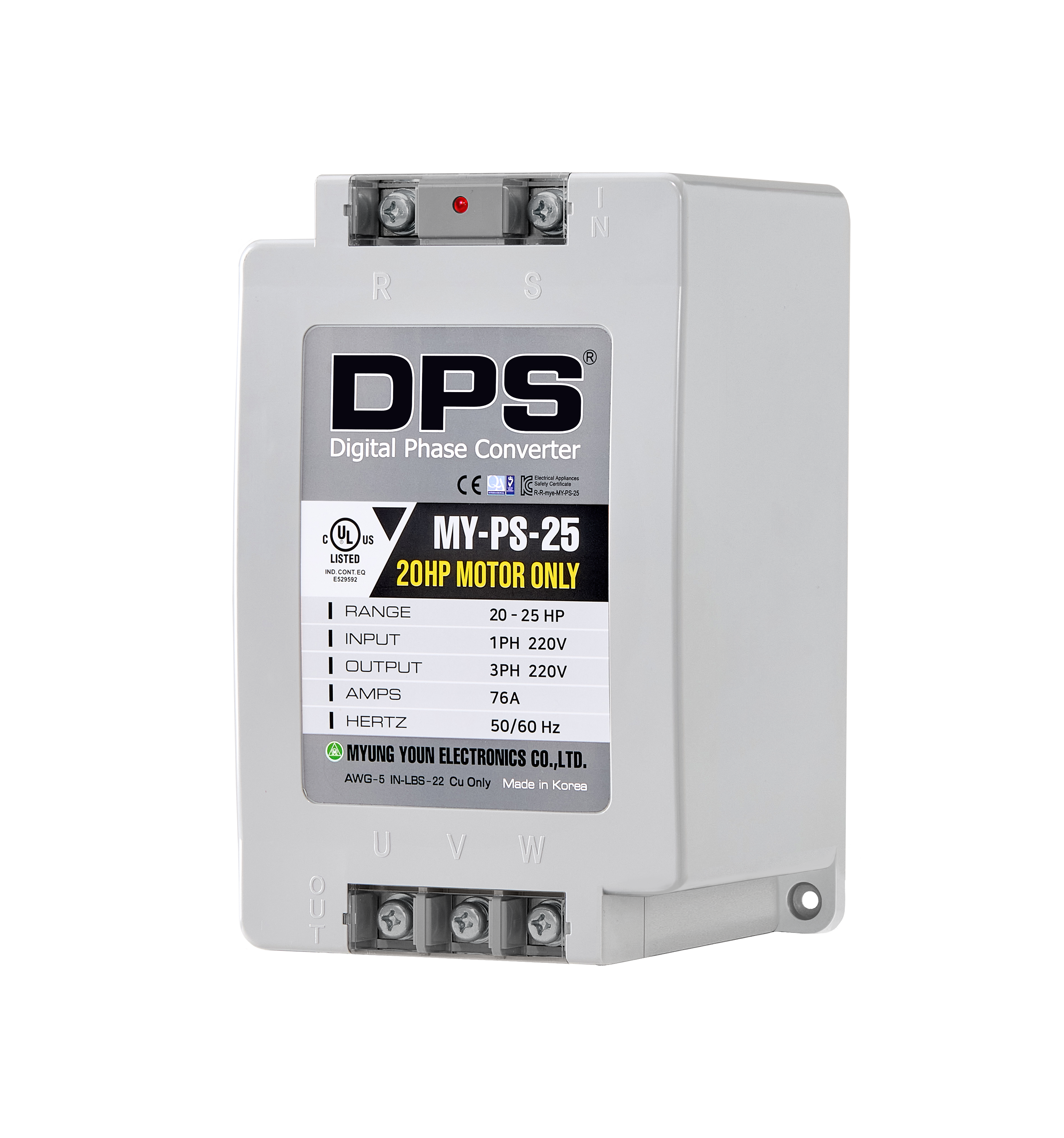 DPS Single Phase to 3 Phase Converter, 25HP(75A), 200V-240V Input/Output, Digital Phase Shifter, MY-PS-25 Model Must Be Used for 20HP(15kW) 60A Motor, DPS Must Be Used for 1 Motor Only, UL-Listed