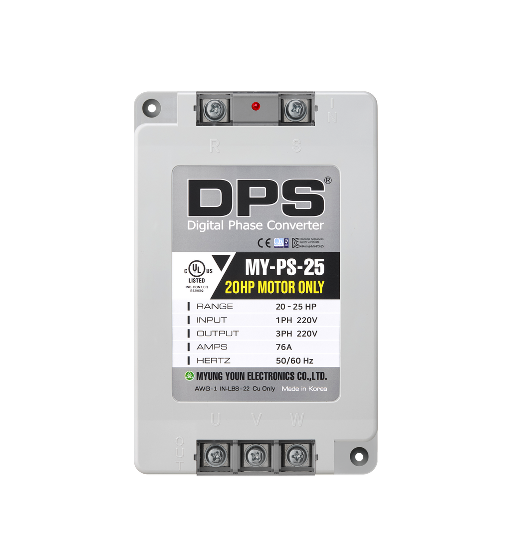 DPS Single Phase to 3 Phase Converter, 25HP(75A), 200V-240V Input/Output, Digital Phase Shifter, MY-PS-25 Model Must Be Used for 20HP(15kW) 60A Motor, DPS Must Be Used for 1 Motor Only, UL-Listed