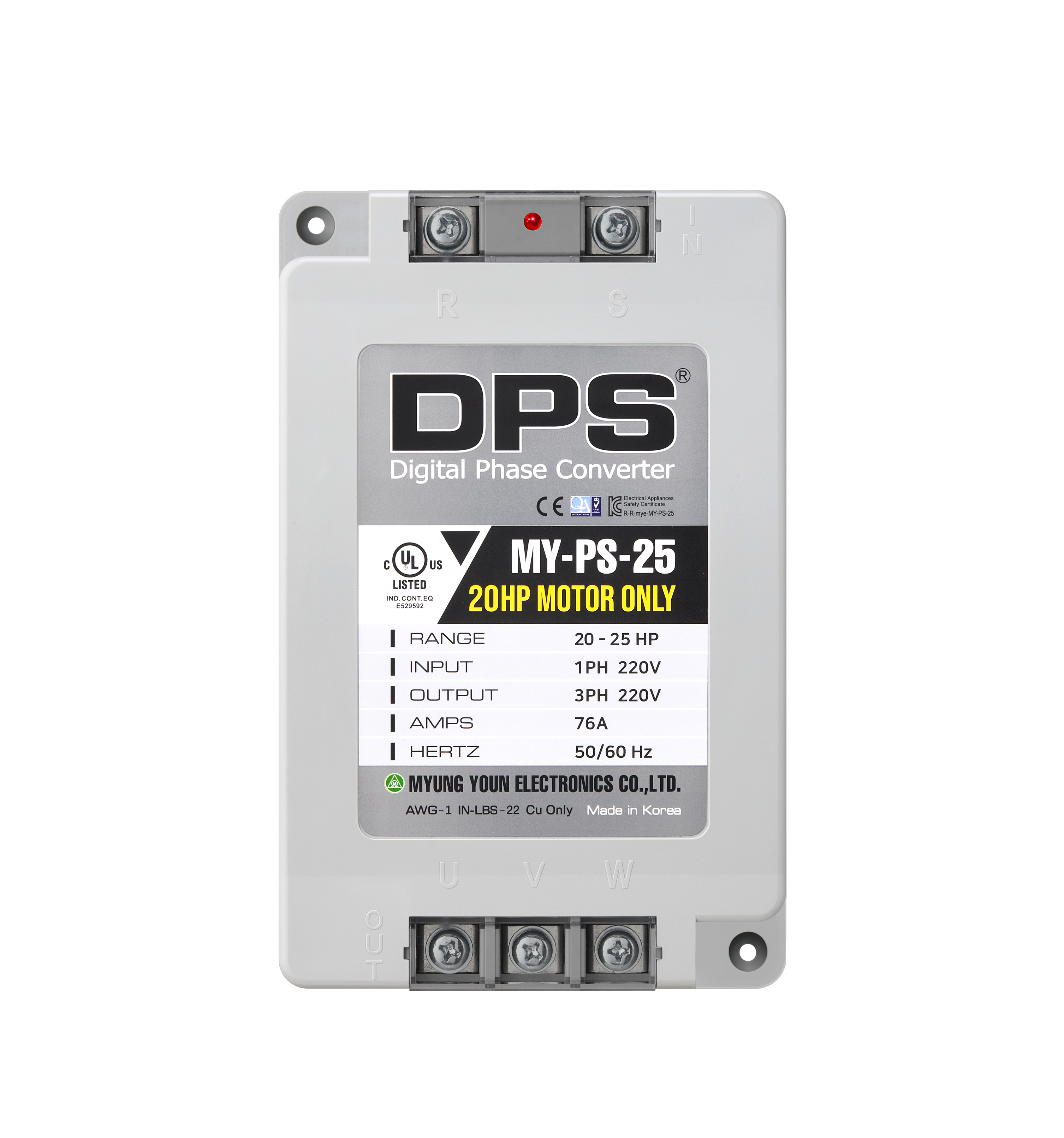 DPS Single Phase to 3 Phase Converter, 25HP(75A), 200V-240V Input/Output, Digital Phase Shifter, MY-PS-25 Model Must Be Used for 20HP(15kW) 60A Motor, DPS Must Be Used for 1 Motor Only, UL-Listed