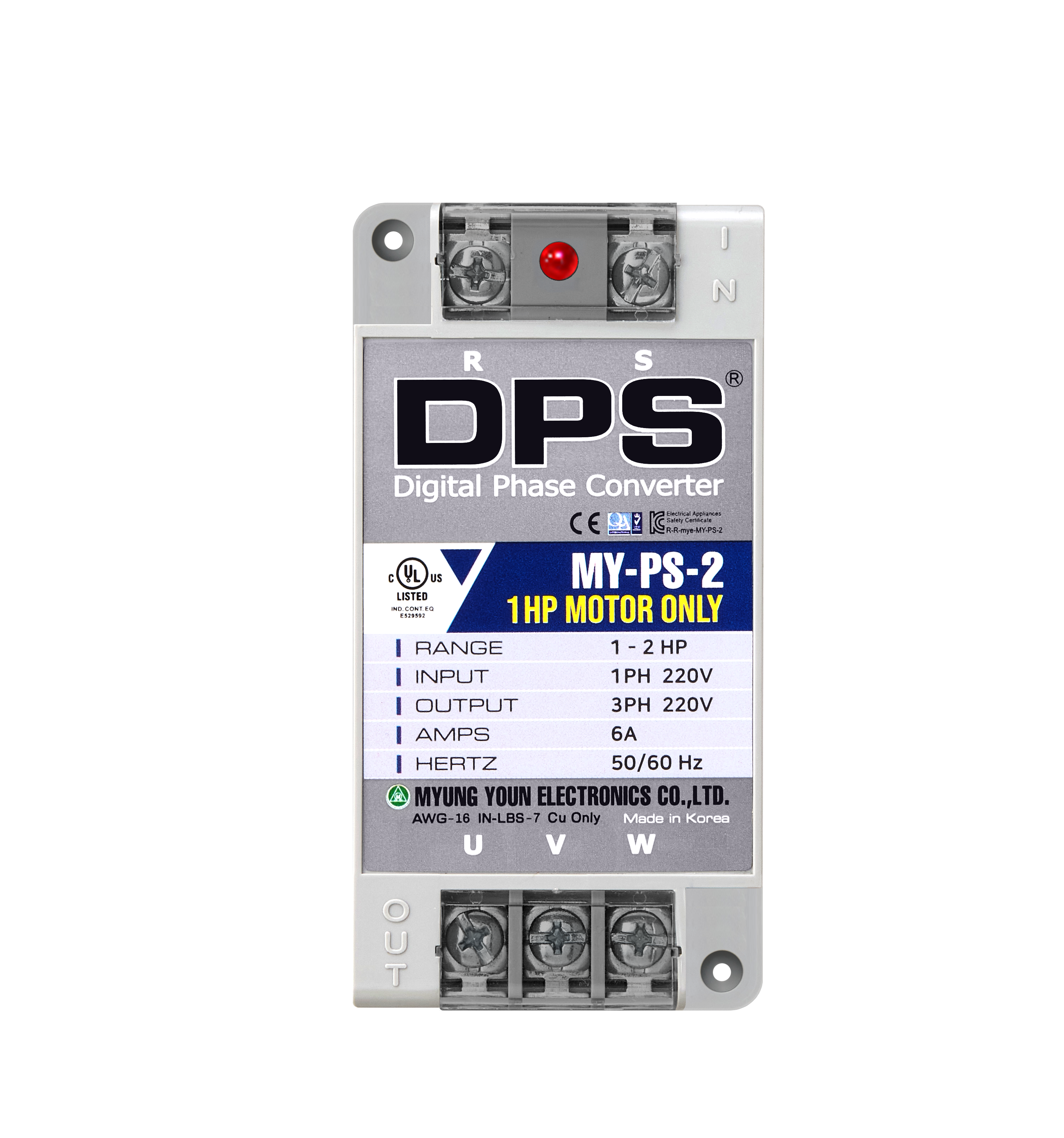 DPS Single Phase to 3 Phase Converter, 2HP(6A), 200V-240V Input/Output, Digital Phase Shifter, MY-PS-2 Model Must Be Used for 1HP(0.75kW) 3A Motor, DPS Must Be Used for 1 Motor Only, UL-Listed