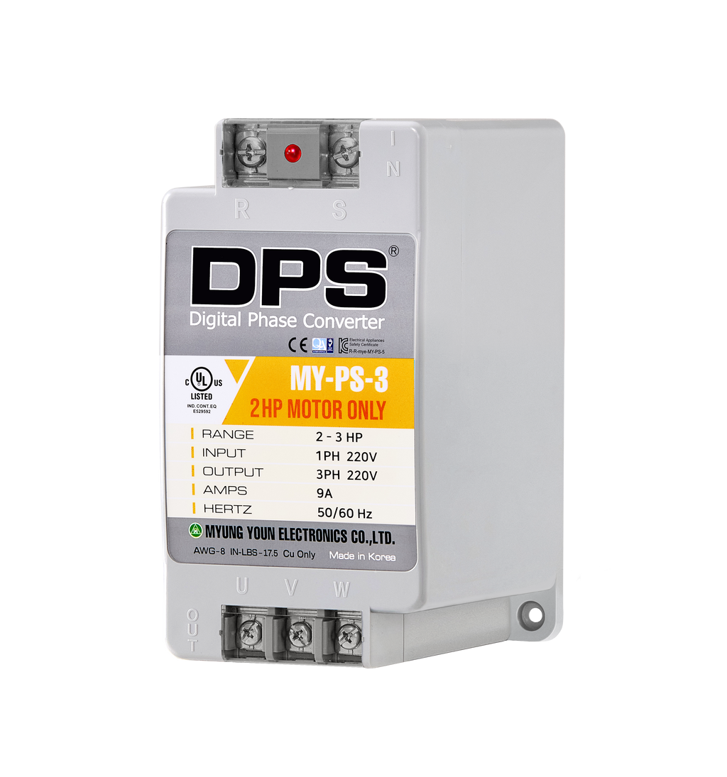 DPS Single Phase to 3 Phase Converter, 3HP(9A), 200V-240V Input/Output, Digital Phase Shifter, MY-PS-3 Model Must Be Used for 2HP(1.5kW) 6A Motor, DPS Must Be Used for 1 Motor Only, UL-Listed