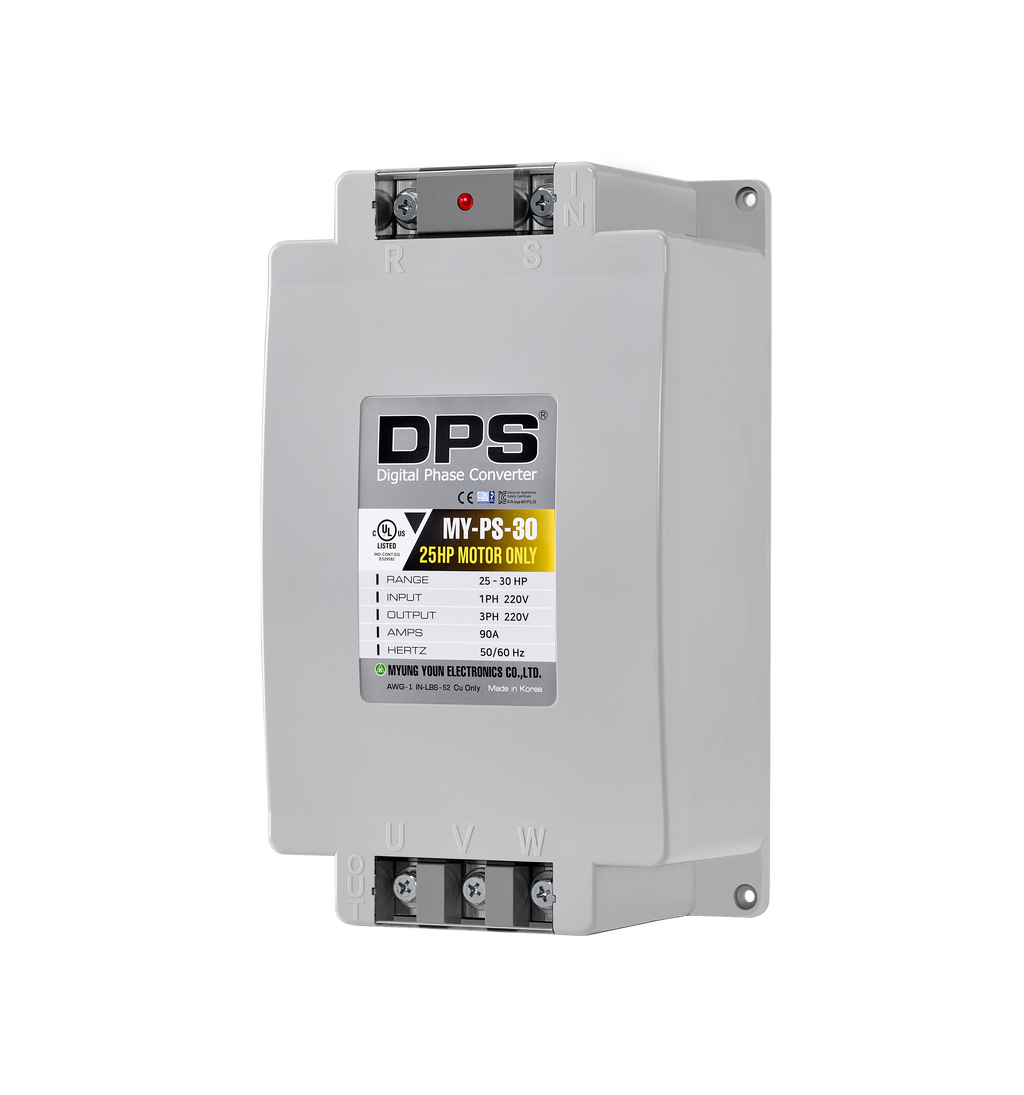 DPS Single Phase to 3 Phase Converter, 30HP(90A), 200V-240V Input/Output, Digital Phase Shifter, MY-PS-30 Model Must Be Used for 25HP(18.7kW) 75A Motor, DPS Must Be Used for 1 Motor Only, UL-Listed