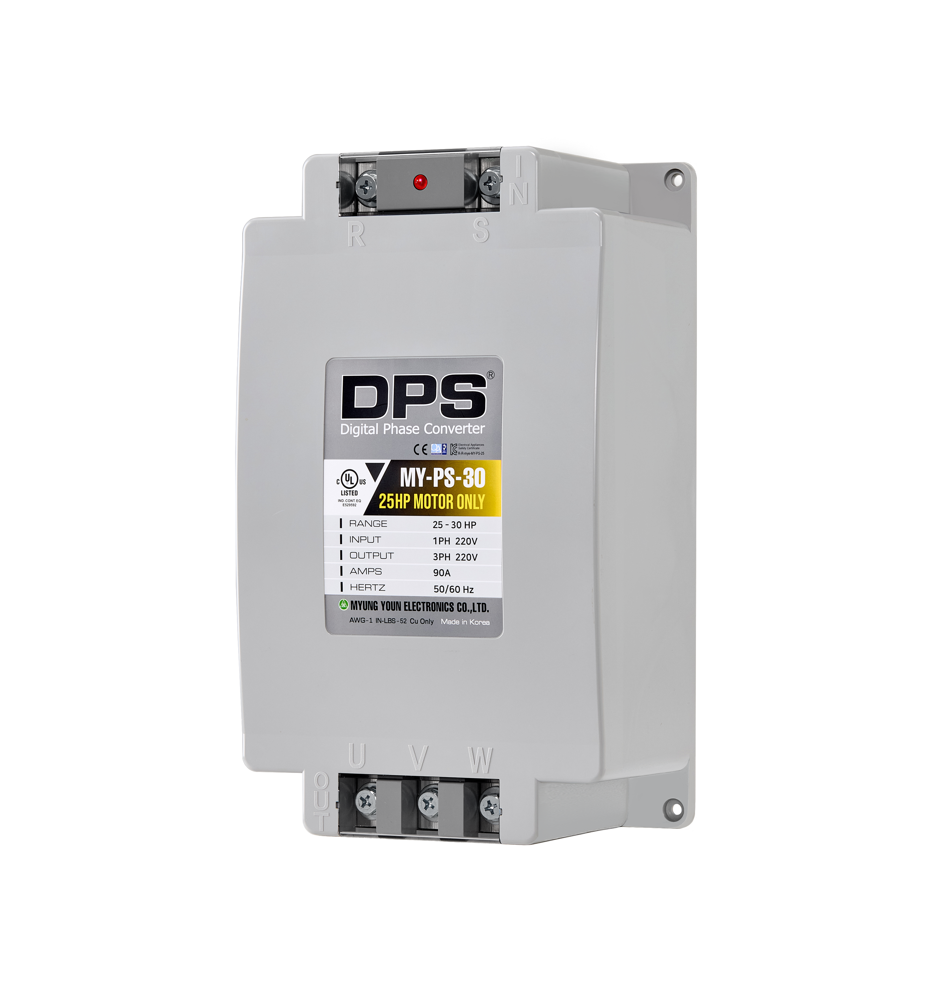 DPS Single Phase to 3 Phase Converter, 30HP(90A), 200V-240V Input/Output, Digital Phase Shifter, MY-PS-30 Model Must Be Used for 25HP(18.7kW) 75A Motor, DPS Must Be Used for 1 Motor Only, UL-Listed