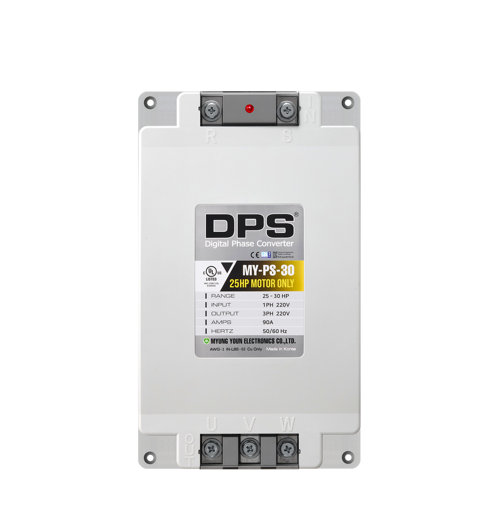 DPS Single Phase to 3 Phase Converter, 30HP(90A), 200V-240V Input/Output, Digital Phase Shifter, MY-PS-30 Model Must Be Used for 25HP(18.7kW) 75A Motor, DPS Must Be Used for 1 Motor Only, UL-Listed
