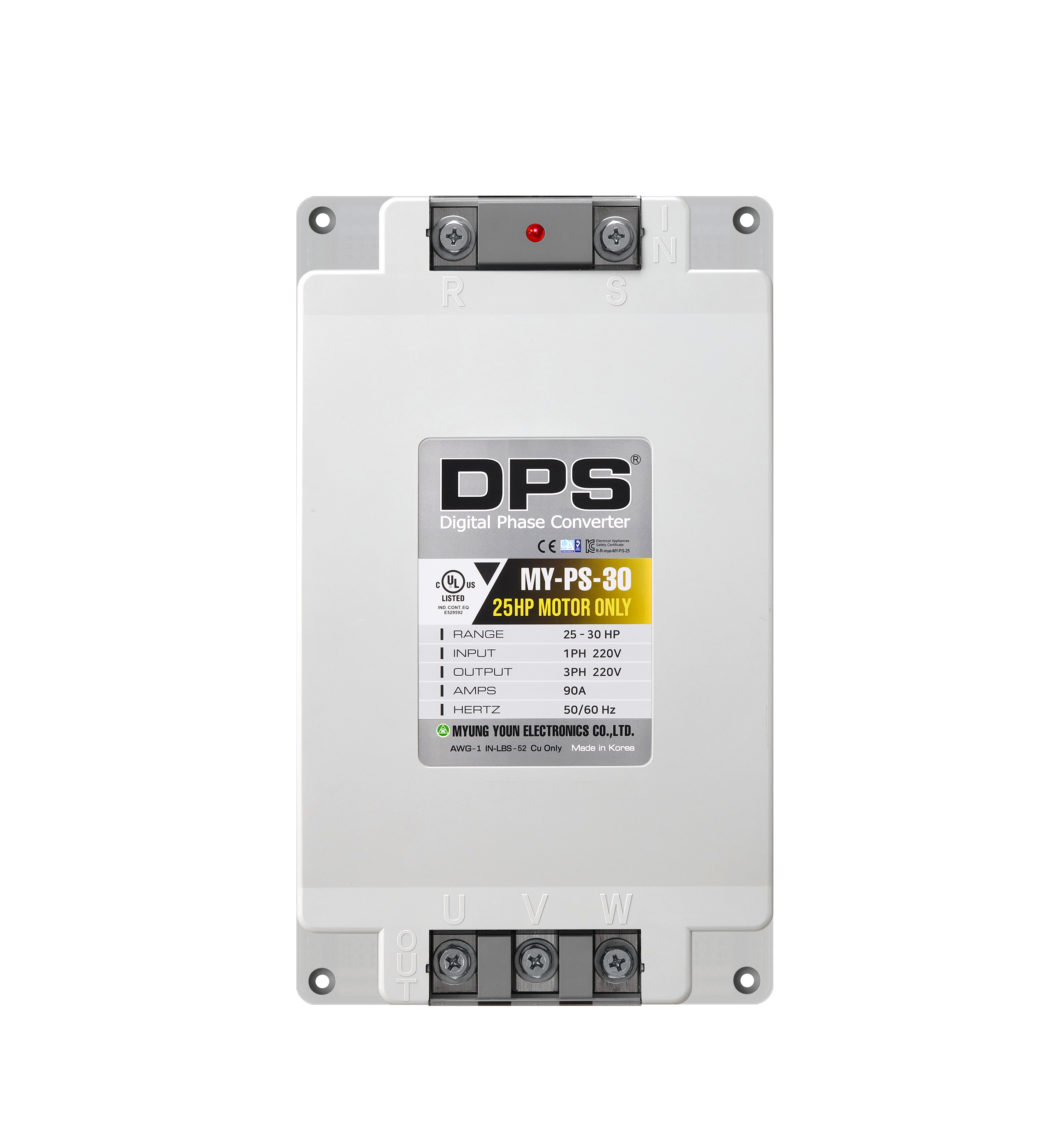 DPS Single Phase to 3 Phase Converter, 30HP(90A), 200V-240V Input/Output, Digital Phase Shifter, MY-PS-30 Model Must Be Used for 25HP(18.7kW) 75A Motor, DPS Must Be Used for 1 Motor Only, UL-Listed