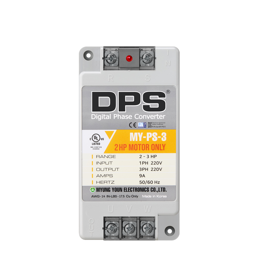 DPS Single Phase to 3 Phase Converter, 3HP(9A), 200V-240V Input/Output, Digital Phase Shifter, MY-PS-3 Model Must Be Used for 2HP(1.5kW) 6A Motor, DPS Must Be Used for 1 Motor Only, UL-Listed