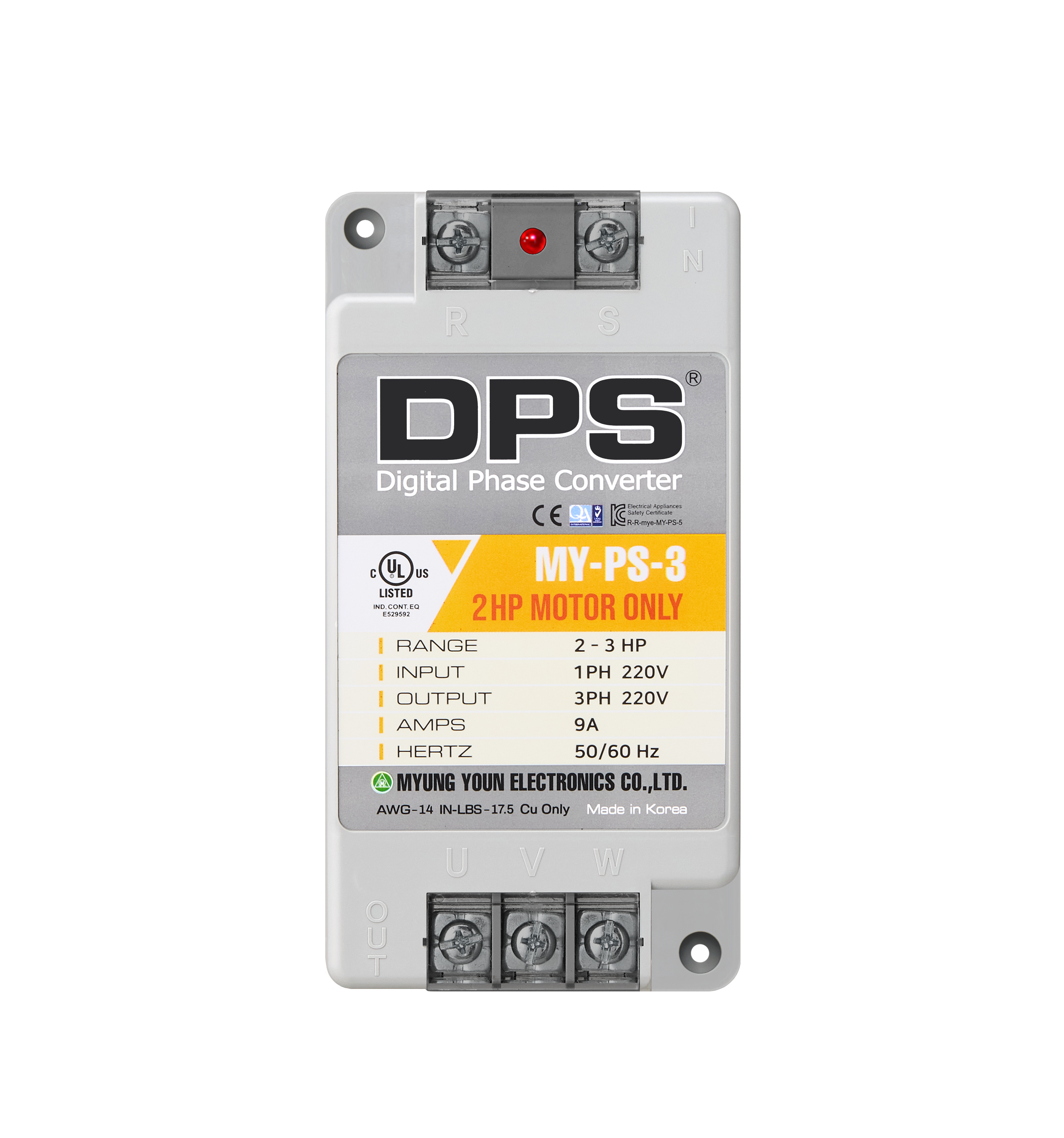 DPS Single Phase to 3 Phase Converter, 3HP(9A), 200V-240V Input/Output, Digital Phase Shifter, MY-PS-3 Model Must Be Used for 2HP(1.5kW) 6A Motor, DPS Must Be Used for 1 Motor Only, UL-Listed
