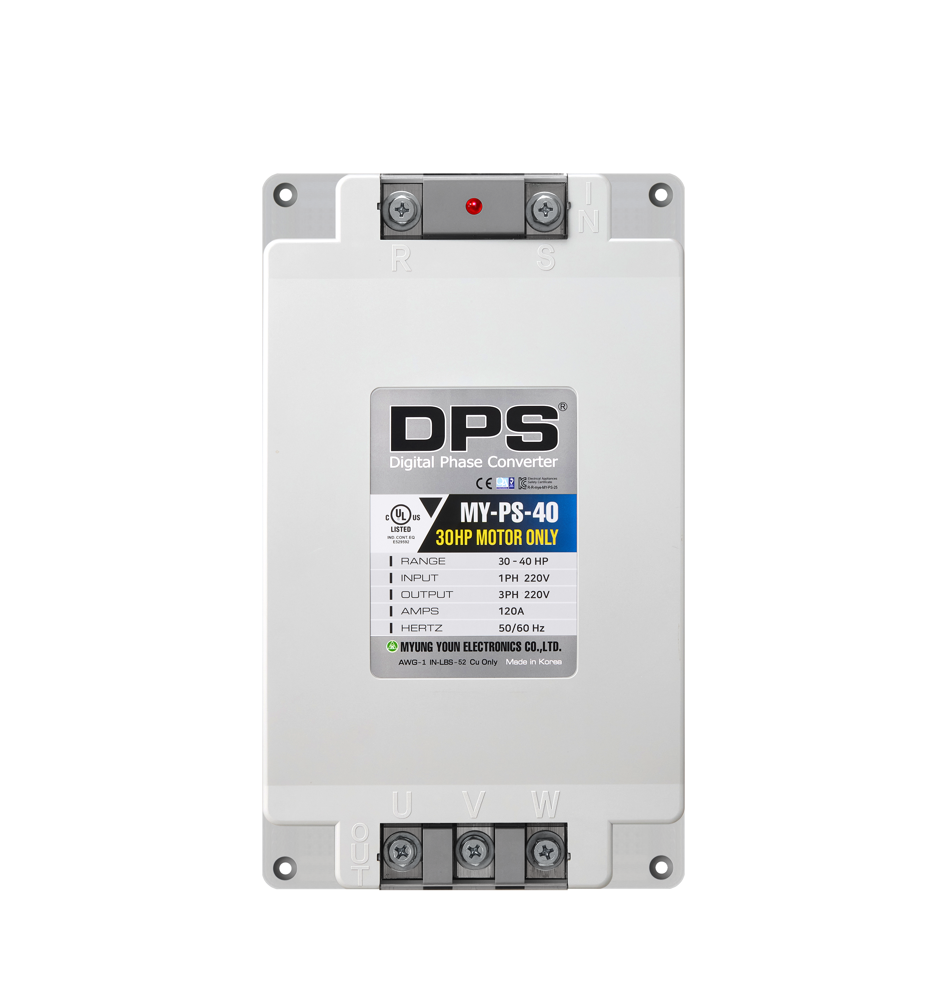 DPS Single Phase to 3 Phase Converter, 40HP(120A), 200V-240V Input/Output, Digital Phase Shifter, MY-PS-40 Model Must Be Used for 30HP(22.5kW) 90A Motor, DPS Must Be Used for 1 Motor Only, UL-Listed
