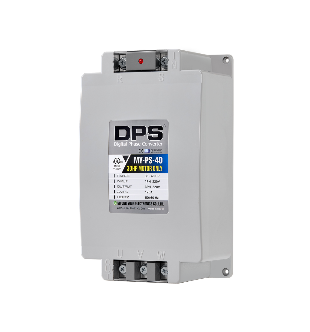 DPS Single Phase to 3 Phase Converter, 40HP(120A), 200V-240V Input/Output, Digital Phase Shifter, MY-PS-40 Model Must Be Used for 30HP(22.5kW) 90A Motor, DPS Must Be Used for 1 Motor Only, UL-Listed