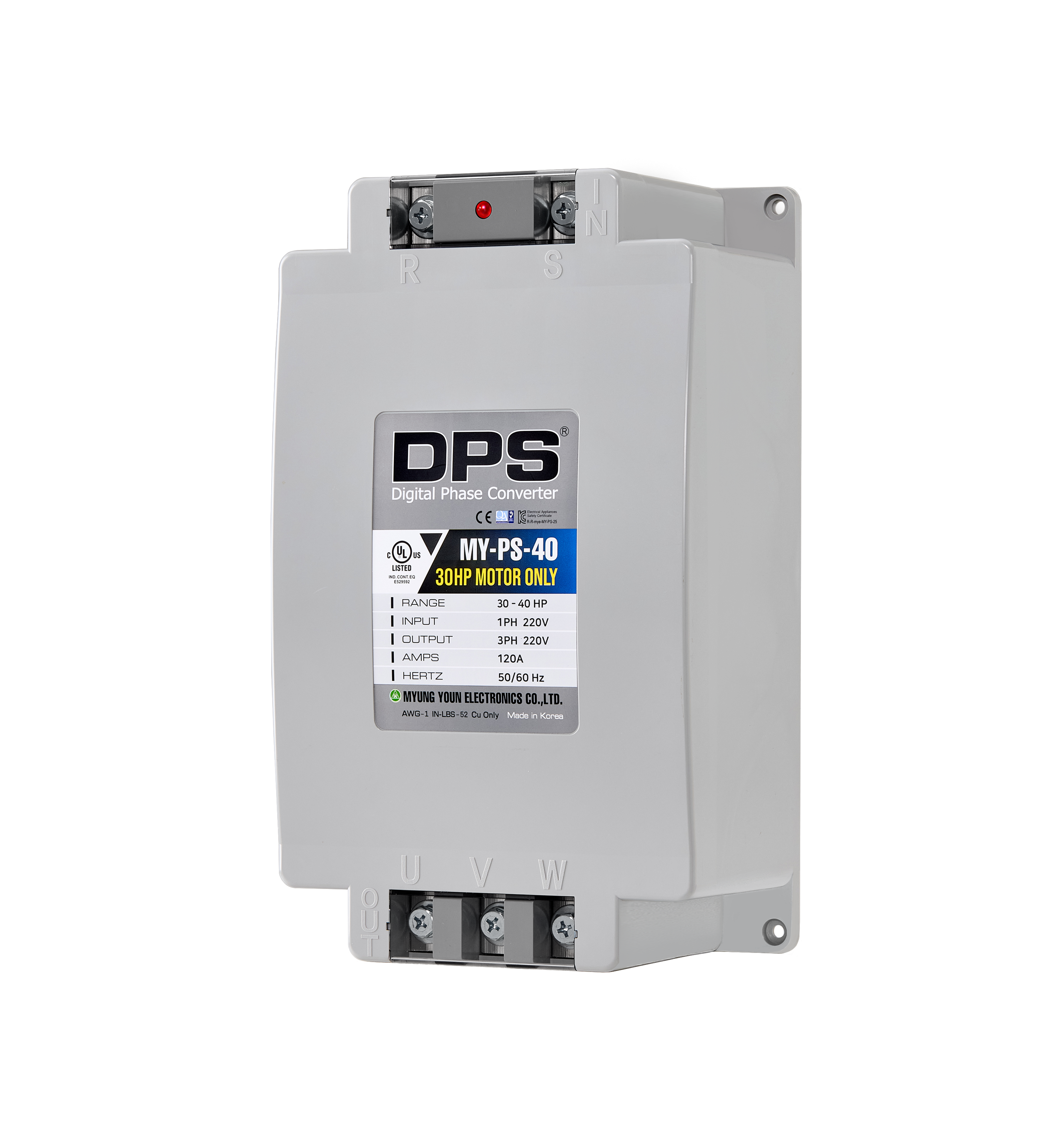 DPS Single Phase to 3 Phase Converter, 40HP(120A), 200V-240V Input/Output, Digital Phase Shifter, MY-PS-40 Model Must Be Used for 30HP(22.5kW) 90A Motor, DPS Must Be Used for 1 Motor Only, UL-Listed