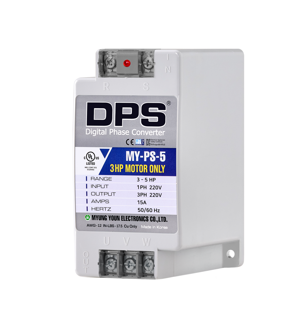 DPS Single Phase to 3 Phase Converter, 5HP(15A), 200V-240V Input/Output, Digital Phase Shifter, MY-PS-5 Model Must Be Used for 3HP(2.2kW) 9A Motor, DPS Must Be Used for 1 Motor Only, UL-Listed