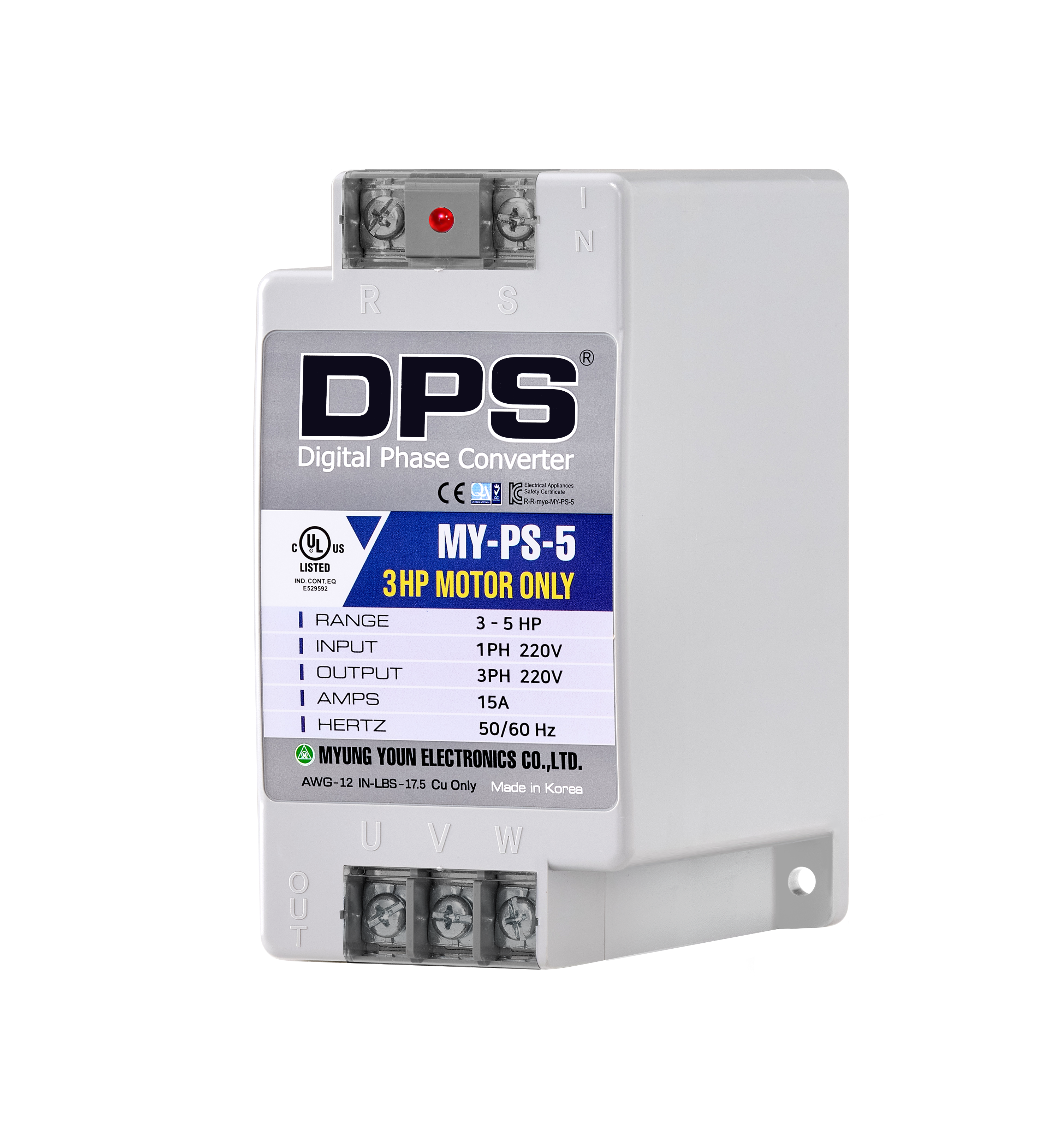 DPS Single Phase to 3 Phase Converter, 5HP(15A), 200V-240V Input/Output, Digital Phase Shifter, MY-PS-5 Model Must Be Used for 3HP(2.2kW) 9A Motor, DPS Must Be Used for 1 Motor Only, UL-Listed