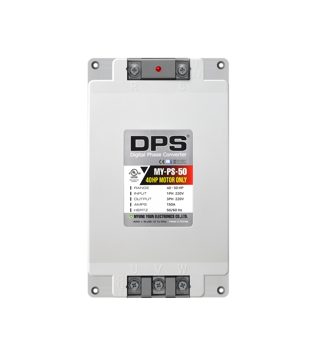 DPS Single Phase to 3 Phase Converter, 50HP(150A), 200V-240V Input/Output, Digital Phase Shifter, MY-PS-50 Model Must Be Used for 40HP(30kW) 120A Motor, DPS Must Be Used for 1 Motor Only, UL-Listed