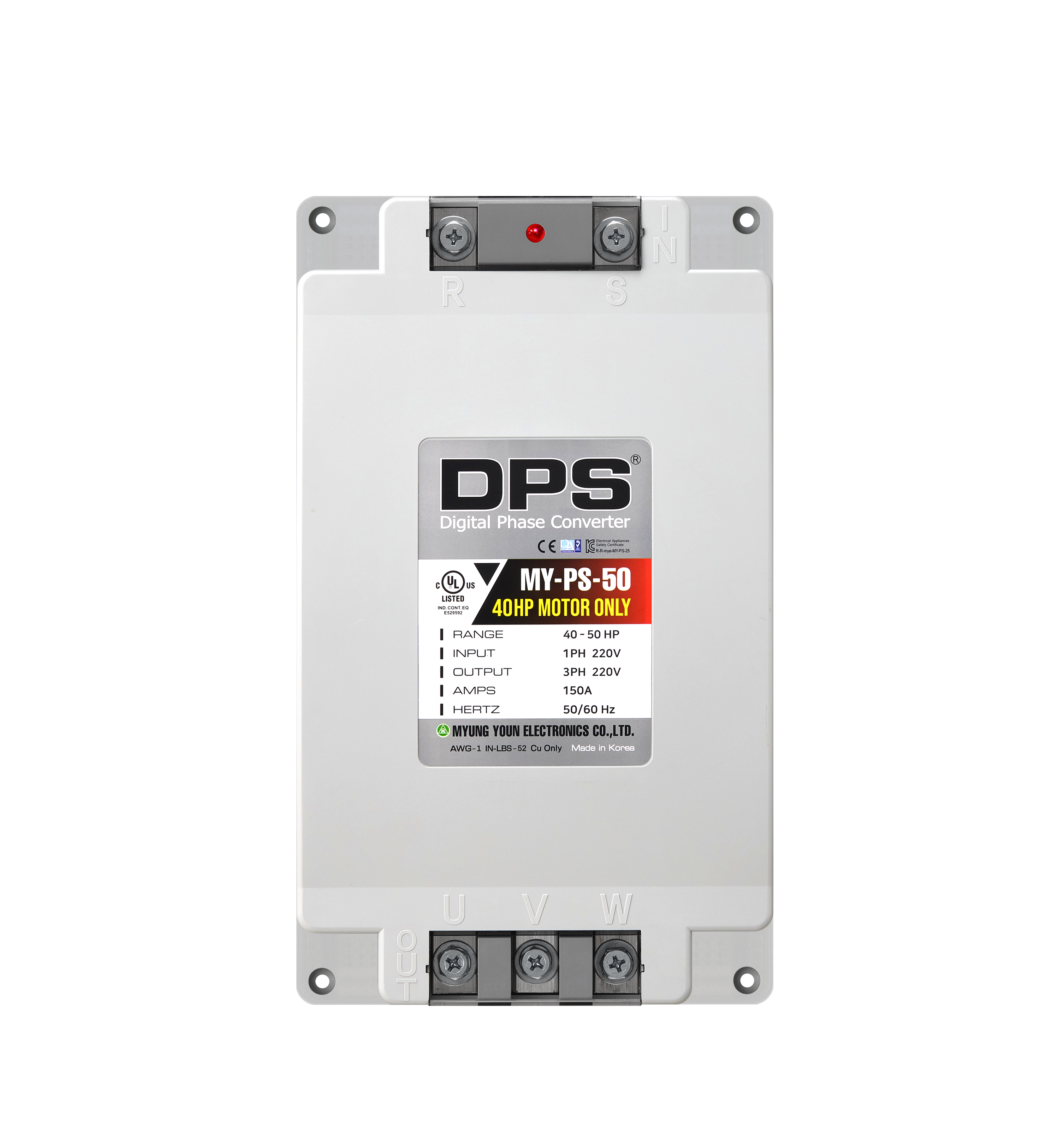 DPS Single Phase to 3 Phase Converter, 50HP(150A), 200V-240V Input/Output, Digital Phase Shifter, MY-PS-50 Model Must Be Used for 40HP(30kW) 120A Motor, DPS Must Be Used for 1 Motor Only, UL-Listed