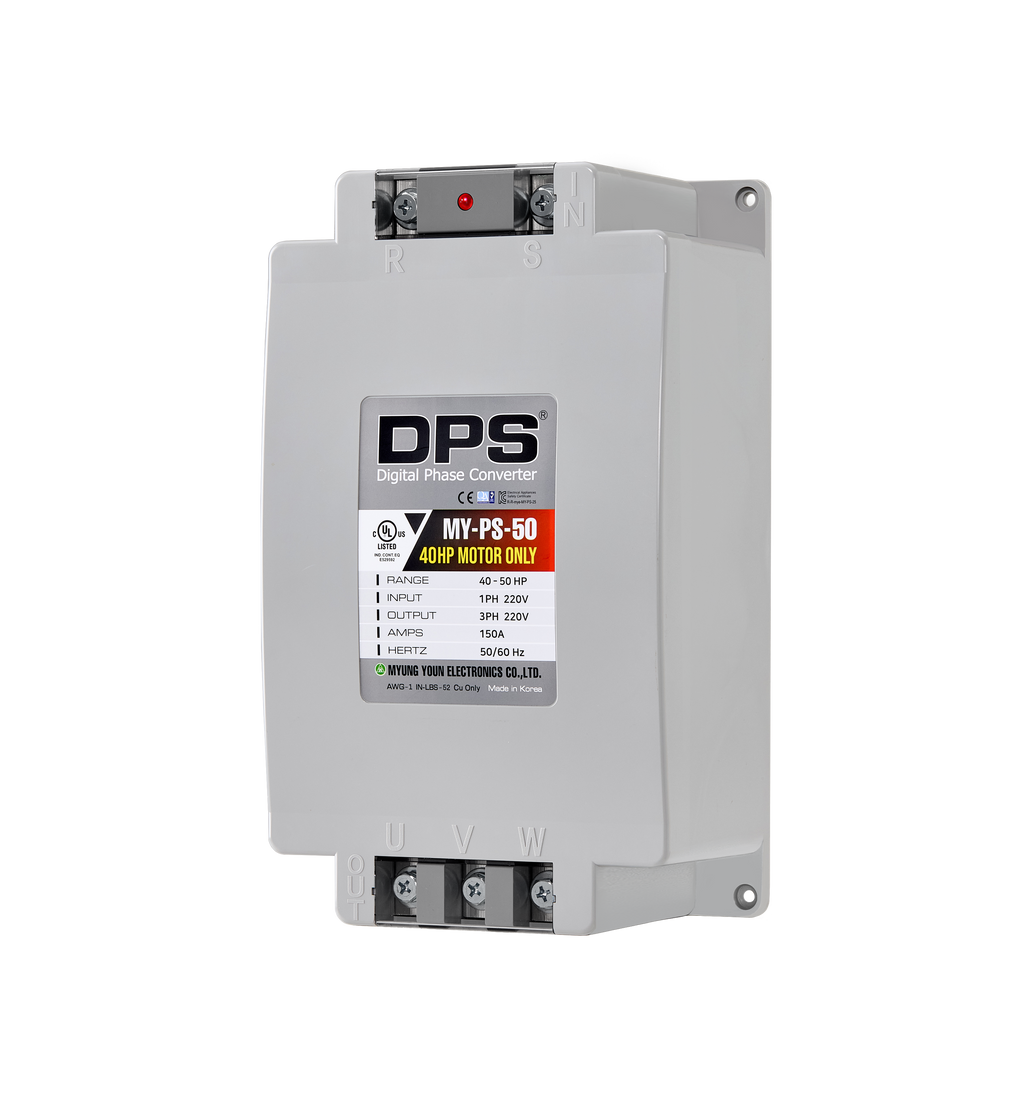 DPS Single Phase to 3 Phase Converter, 50HP(150A), 200V-240V Input/Output, Digital Phase Shifter, MY-PS-50 Model Must Be Used for 40HP(30kW) 120A Motor, DPS Must Be Used for 1 Motor Only, UL-Listed