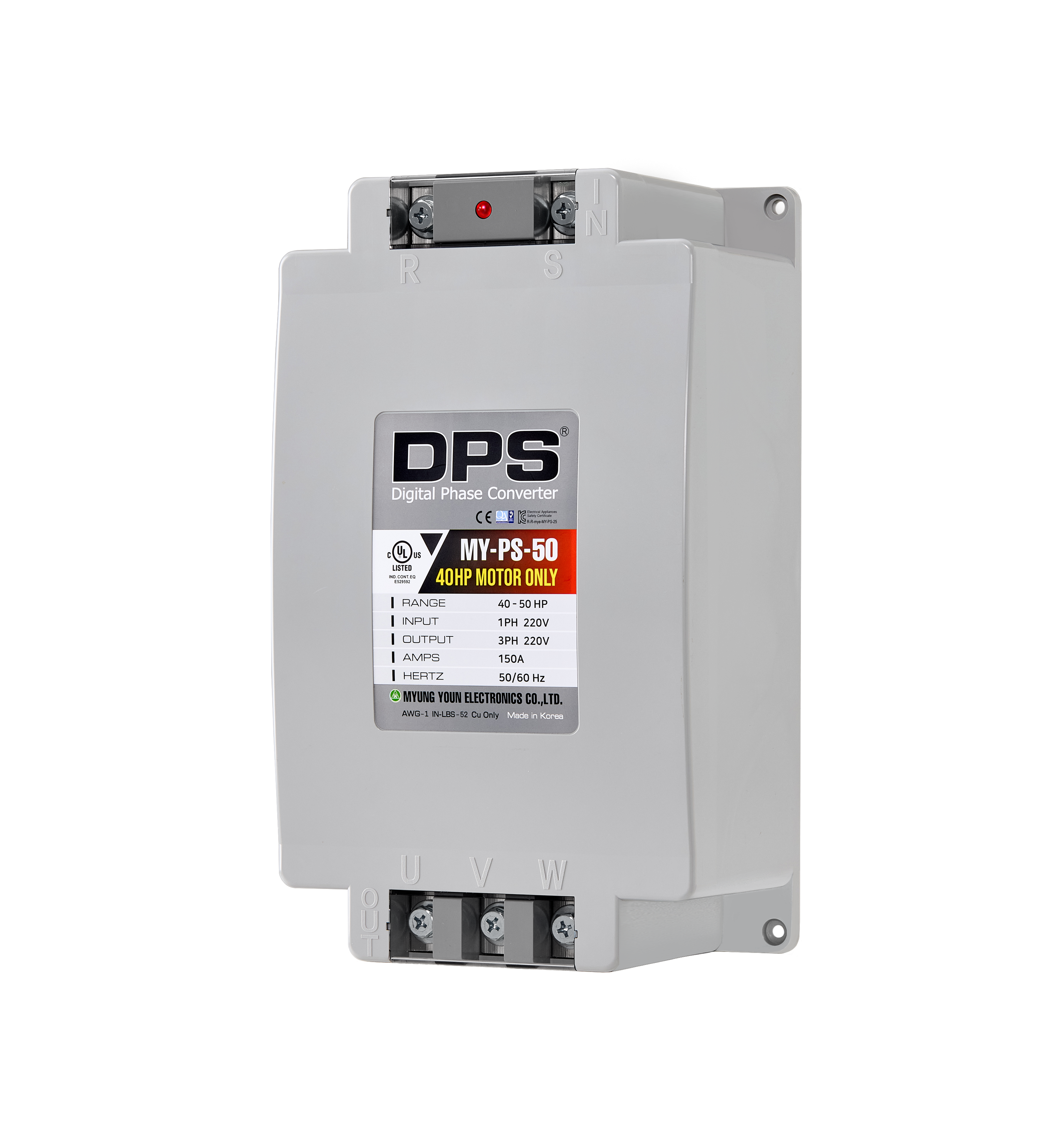 DPS Single Phase to 3 Phase Converter, 50HP(150A), 200V-240V Input/Output, Digital Phase Shifter, MY-PS-50 Model Must Be Used for 40HP(30kW) 120A Motor, DPS Must Be Used for 1 Motor Only, UL-Listed