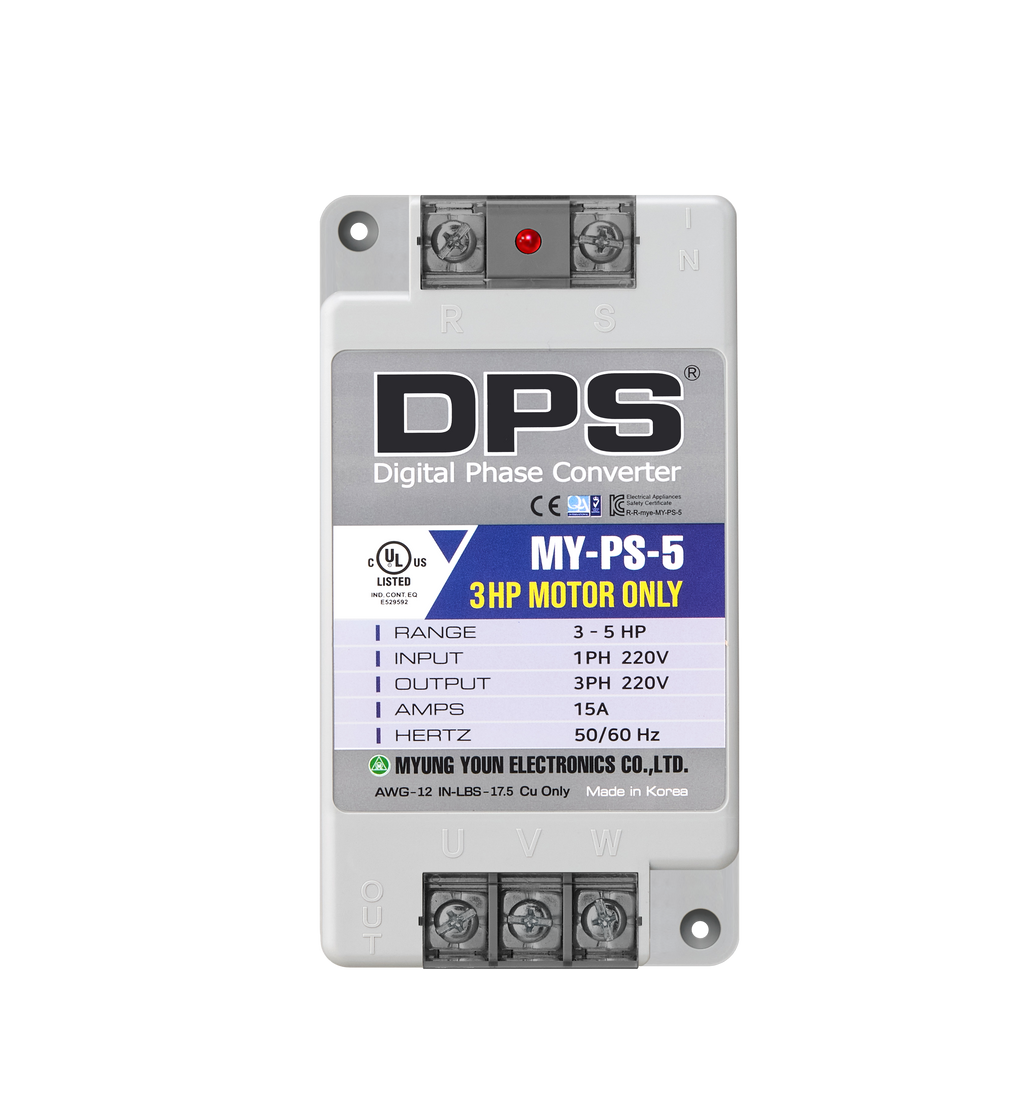 DPS Single Phase to 3 Phase Converter, 5HP(15A), 200V-240V Input/Output, Digital Phase Shifter, MY-PS-5 Model Must Be Used for 3HP(2.2kW) 9A Motor, DPS Must Be Used for 1 Motor Only, UL-Listed