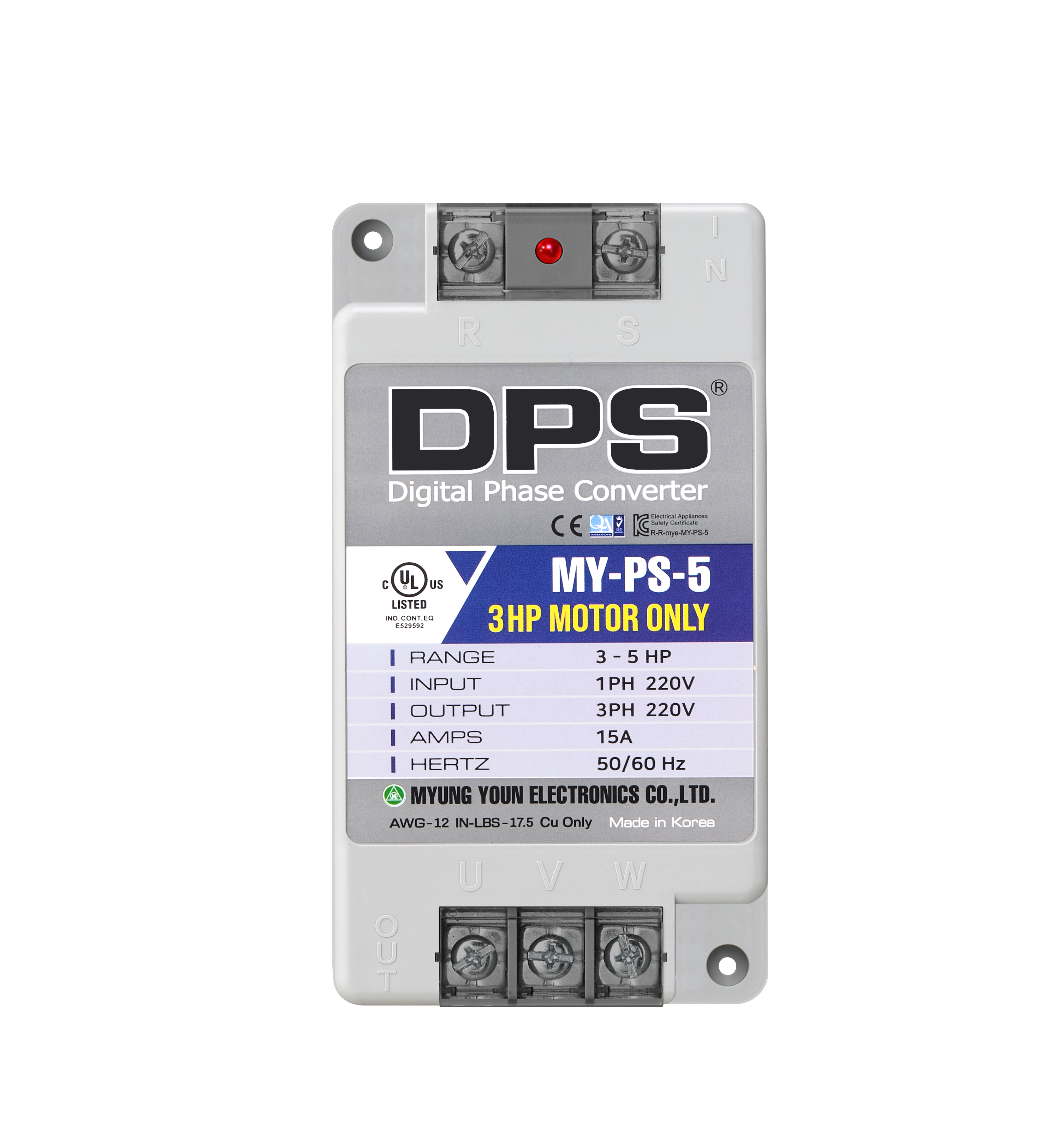 DPS Single Phase to 3 Phase Converter, 5HP(15A), 200V-240V Input/Output, Digital Phase Shifter, MY-PS-5 Model Must Be Used for 3HP(2.2kW) 9A Motor, DPS Must Be Used for 1 Motor Only, UL-Listed