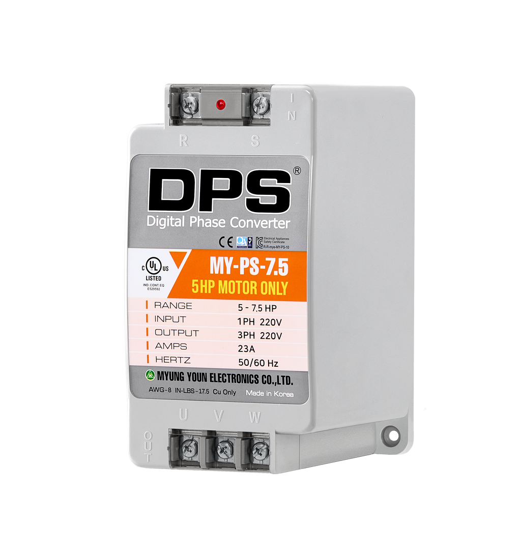 DPS Single Phase to 3 Phase Converter, 7.5HP(23A), 200V-240V Input/Output, Digital Phase Shifter, MY-PS-7.5 Model Must Be Used for 5HP(3.7kW) 15A Motor, DPS Must Be Used for 1 Motor Only, UL-Listed