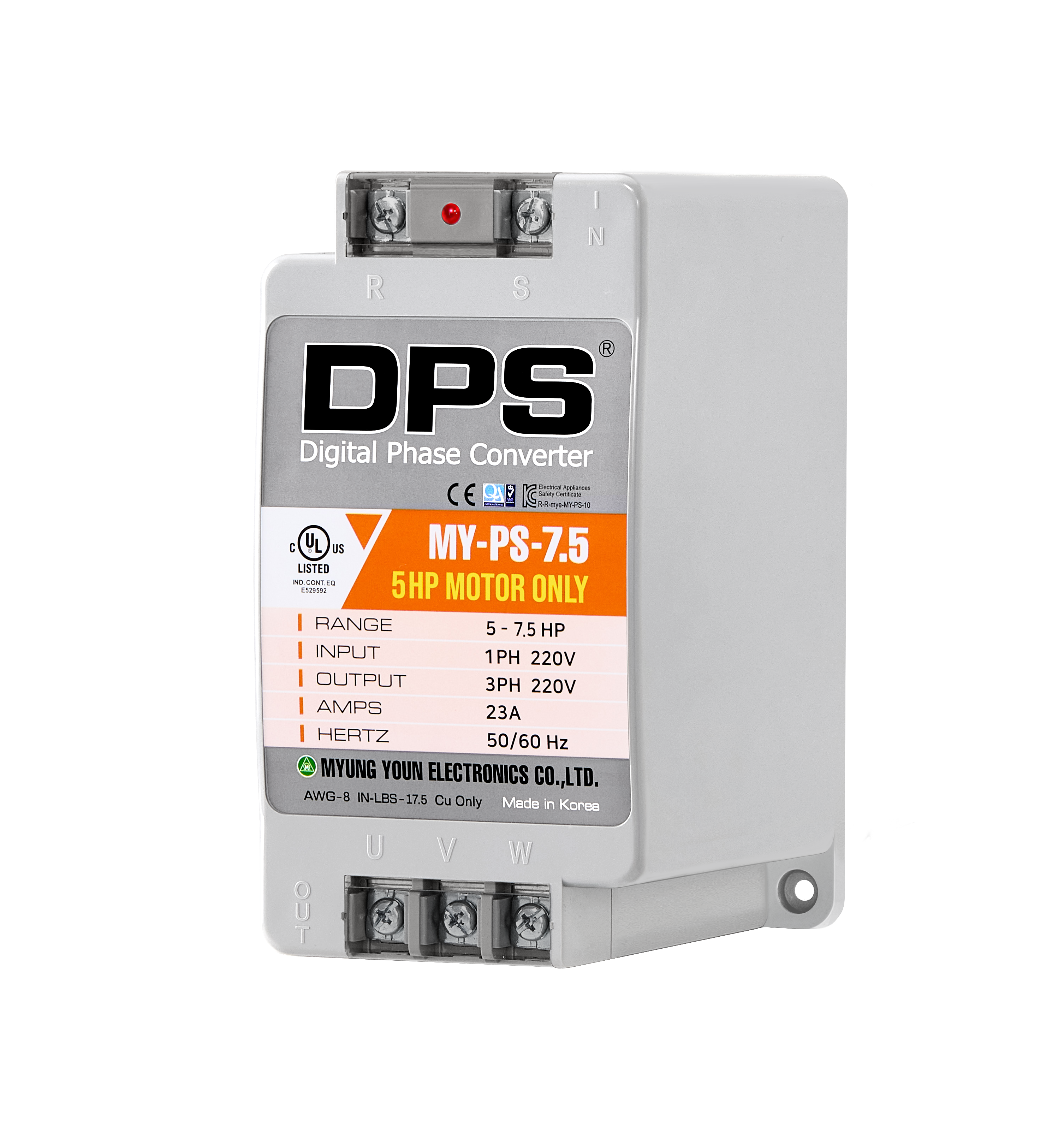 DPS Single Phase to 3 Phase Converter, 7.5HP(23A), 200V-240V Input/Output, Digital Phase Shifter, MY-PS-7.5 Model Must Be Used for 5HP(3.7kW) 15A Motor, DPS Must Be Used for 1 Motor Only, UL-Listed