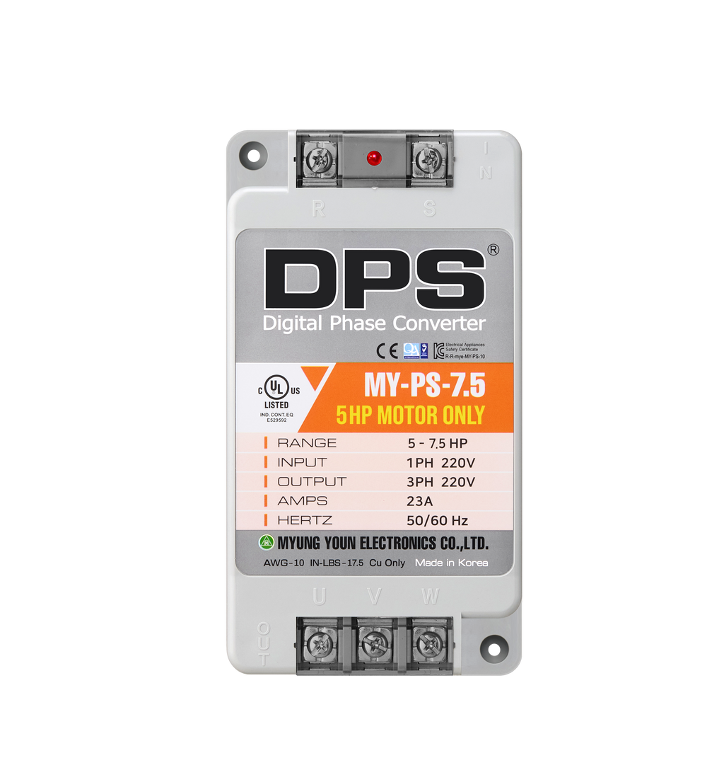 DPS Single Phase to 3 Phase Converter, 7.5HP(23A), 200V-240V Input/Output, Digital Phase Shifter, MY-PS-7.5 Model Must Be Used for 5HP(3.7kW) 15A Motor, DPS Must Be Used for 1 Motor Only, UL-Listed