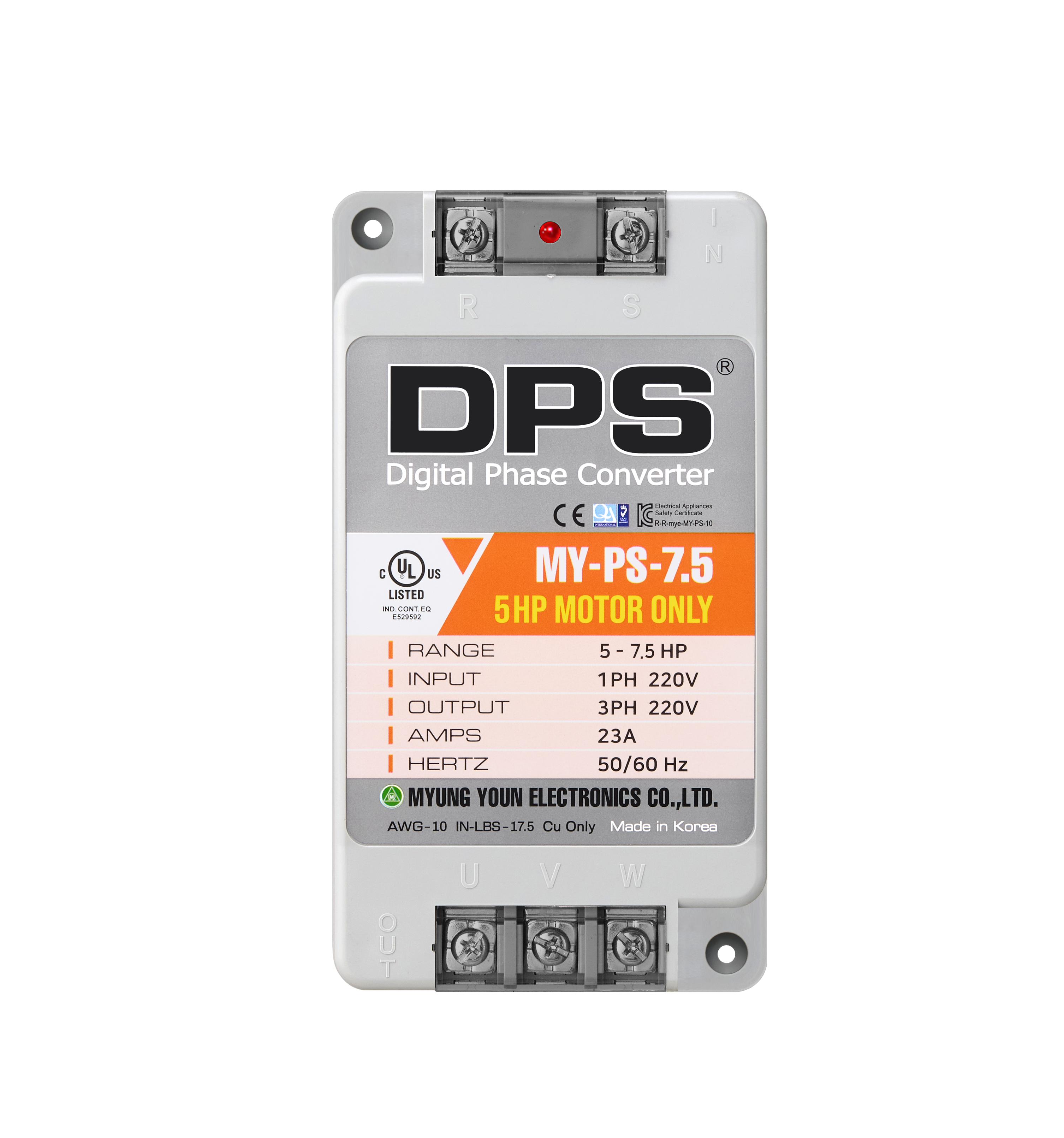 DPS Single Phase to 3 Phase Converter, 7.5HP(23A), 200V-240V Input/Output, Digital Phase Shifter, MY-PS-7.5 Model Must Be Used for 5HP(3.7kW) 15A Motor, DPS Must Be Used for 1 Motor Only, UL-Listed